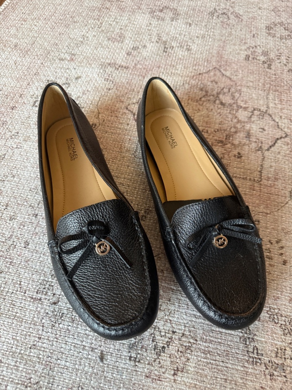 MICHAEL Michael Kors Black Pebbled Leather Bow Moccasins with MK Charm